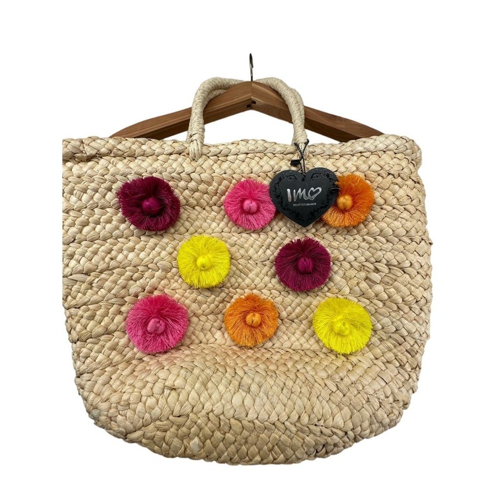 Imoshion NWT Corn Husk Tote Beach Bag Boho Pom Pom Flowers Straw Bag CUTE!